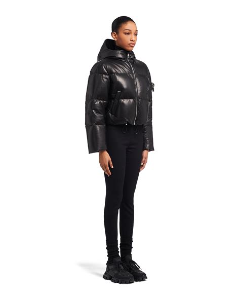 leather effect down jacket prada|Black Nappa leather hooded down jacket .